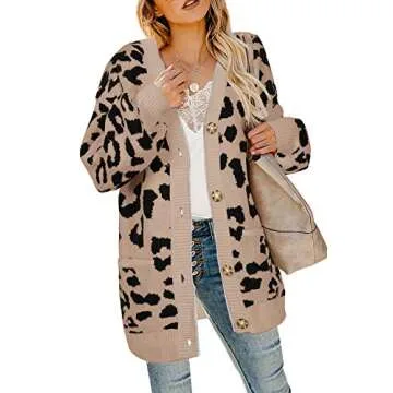 Ashuai Womens Leopard Long Cardigans Sweater Oversized Chunky Button Down Open Front Loose Knitted Jumper with Pockets
