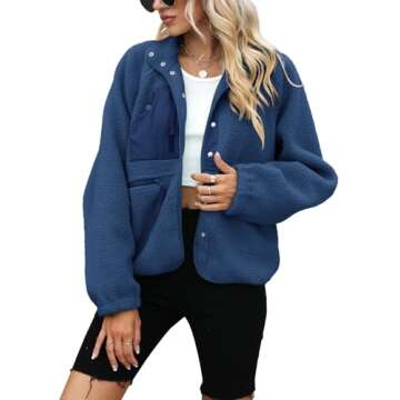 Yanekop Womens Fleece Jacket Fuzzy Long Sleeve Short Coats Button Down Sherpa Outerwear with Pockets(A Dark Blue,M)