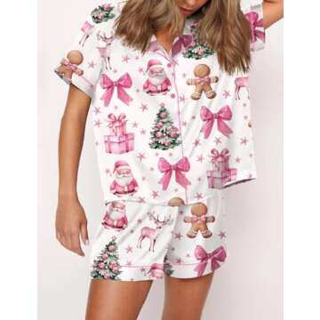 Juakoso Women Christmas Pajamas Short Sets Trendy Print Button Down Lounge Sets Slik Satin 2 Piece Sets Y2k Sleepwear Pjs