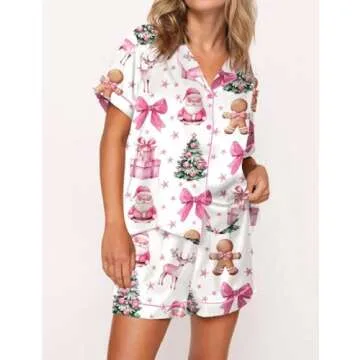 Juakoso Women Christmas Pajamas Short Sets Trendy Print Button Down Lounge Sets Slik Satin 2 Piece Sets Y2k Sleepwear Pjs