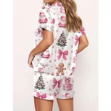 Juakoso Women Christmas Pajamas Short Sets Trendy Print Button Down Lounge Sets Slik Satin 2 Piece Sets Y2k Sleepwear Pjs