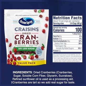 Ocean Spray Craisins Dried Cranberries, Reduced Sugar, 20 Ounce