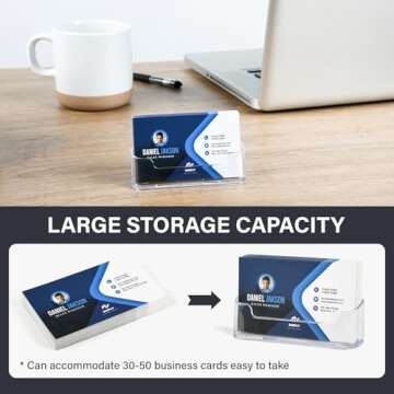 DMFLY Business Card Holder for Desk - 4 Pack Acrylic Business Card Holder Stand Display Plastic, Desktop Business Card Holders for Exhibition, Home & Office, Fits 30-50 Business Cards