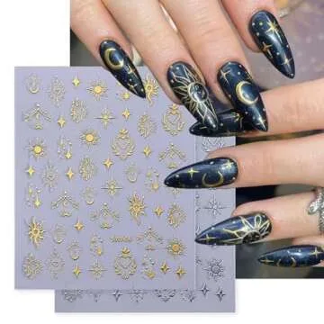 6 Sheets Gold Star Sun Moon Nail Art Stickers 3D Self Adhesive Nail Decals Supplies Glitter Silver S...