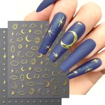 6 Sheets Gold Star Sun Moon Nail Art Stickers 3D Self Adhesive Nail Decals Supplies Glitter Silver Star Sun Moon Nail Stickers for Women Girls DIY Manicure Tips Gold Silver Nail Stickers for Nail Art