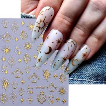 6 Sheets Gold Star Sun Moon Nail Art Stickers 3D Self Adhesive Nail Decals Supplies Glitter Silver Star Sun Moon Nail Stickers for Women Girls DIY Manicure Tips Gold Silver Nail Stickers for Nail Art