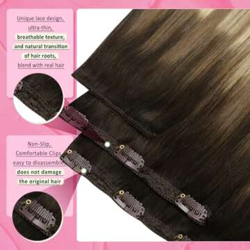 YoungSee Clip Hair Extensions Brown Balayage Clip on Human Hair Extensions Dark Brown Roots Blending into Medium Brown with Warm Blonde Highlight Clip in Real Hair Extensions for Volume 120G 20In 7Pcs