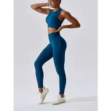 ABOCIW Workout Sets for Women, High Impact Racerback Sports Bra Crop Tops and Seamless Tummy Control High Waist Leggings 2 Piece Gym Yoga Outfits Navy Blue Small