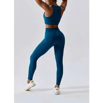 ABOCIW Workout Sets for Women, High Impact Racerback Sports Bra Crop Tops and Seamless Tummy Control High Waist Leggings 2 Piece Gym Yoga Outfits Navy Blue Small