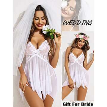 Avidlove Wedding Lingerie for Bride Lace Babydoll Sexy Lace Sleepwear for Women White XL