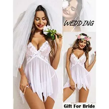 Avidlove Wedding Lingerie for Bride Lace Babydoll Sexy Lace Sleepwear for Women White XL
