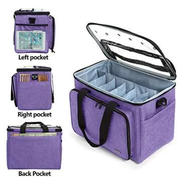 Teamoy Knitting Bag, Yarn Tote Organizer with Inner Divider (Sewn to Bottom) for Crochet Hooks, Knitting Needles(Up to 14”), Project and Supplies, Purple -No Accessories Included