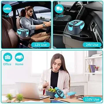 CHARMDOO Electric Lunch Box, Food Warmer Heater 12V 24V 110V, 80W Faster Heated Lunch Box for Car/Truck/Home Portable Heating Boxes with 1.5L 304 SS Container Fork & Spoon