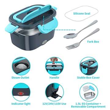CHARMDOO Electric Lunch Box, Food Warmer Heater 12V 24V 110V, 80W Faster Heated Lunch Box for Car/Truck/Home Portable Heating Boxes with 1.5L 304 SS Container Fork & Spoon