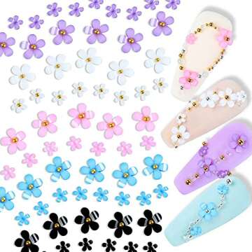 3D Colorful Flower Nail Charms White Pink Color Blue Purple Black Flowers Acrylic Nail Charms with Metal Golden Round Beads for Nail Art DIY Accessories