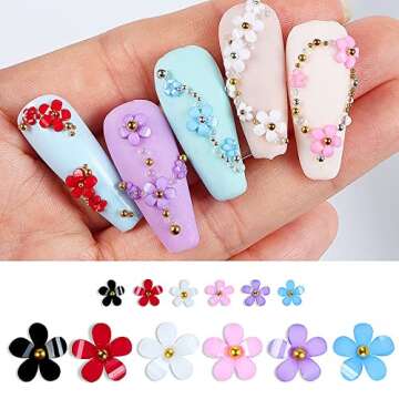 3D Colorful Flower Nail Charms White Pink Color Blue Purple Black Flowers Acrylic Nail Charms with Metal Golden Round Beads for Nail Art DIY Accessories