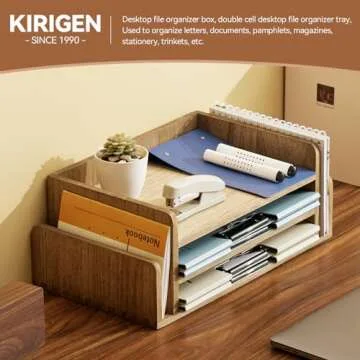 KIRIGEN Wood Desk Organizer 5 Trays - Desktop Document Letter Tray for Folders, Mail,File -Nature 3-Tier Office Mail Sorter Organizer Rack/Telephone Stand/Document Holder Dark Brown(2TP-DBR)