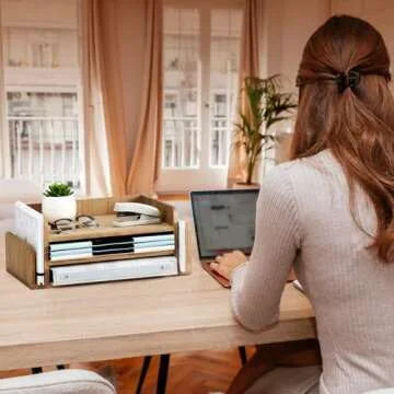 KIRIGEN Wood Desk Organizer 5 Trays - Desktop Document Letter Tray for Folders, Mail,File -Nature 3-Tier Office Mail Sorter Organizer Rack/Telephone Stand/Document Holder Dark Brown(2TP-DBR)