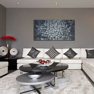 MyArton Textured Abstract Squares Canvas Wall Art Hand Painted Modern Silver Oil Painting for Decora...