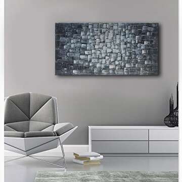MyArton Textured Abstract Squares Canvas Wall Art Hand Painted Modern Silver Oil Painting for Decoration Ready to Hang 48x24inch