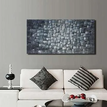 MyArton Textured Abstract Squares Canvas Wall Art Hand Painted Modern Silver Oil Painting for Decoration Ready to Hang 48x24inch