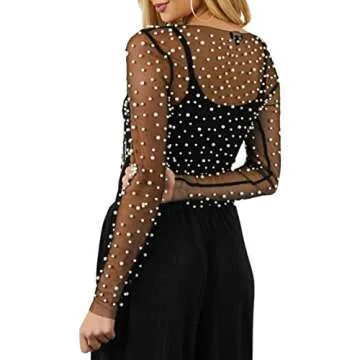 Women Sheer Mesh Pearl Top Black L