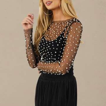 Women Sheer Mesh Pearl Top Black L
