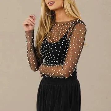 Women Sheer Mesh Pearl Top Black L
