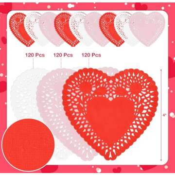 360 Pcs 4 Inch Mini Valentine Heart Doilies Cutouts Paper Lace Doily Red Pink White Valentine's Craft Gift Set for Valentine's Day Party Decor