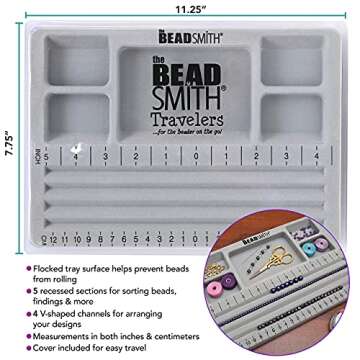 The Beadsmith Mini Bead Board - Grey Flocked, 4 Straight Channels, 5 Recessed Compartments, 7.75 x 11.25 inches, Design Boards for Creating Bracelets, Necklaces and Other Jewelry