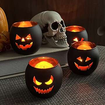Halloween Table Decor Set of 6, Jack O Lanterns Black Glass Votive Tealight Candle Holders, Hallowee...