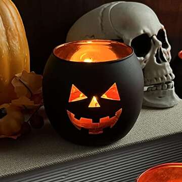 Halloween Table Decor Set of 6, Jack O Lanterns Black Glass Votive Tealight Candle Holders, Halloween Decorations Indoor Party Mantel Coffe Table Centerpiece Decor