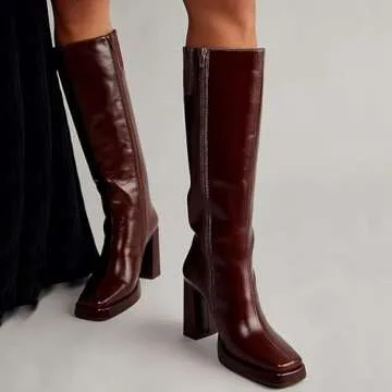 Trendy Dark Red Leather Knee High Boots for Women