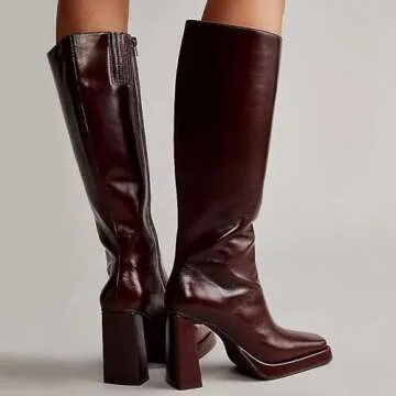 Trendy Dark Red Leather Knee High Boots for Women