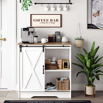 Farmhouse Coffee Bar Cabinet White Modern Kitchen Sliding Barn Door Storage Credenza Sideboard Buffet Cabinet with Storage Shelf Wood Accent Liquor Cabinet for Dining Room, White