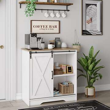 Farmhouse Coffee Bar Cabinet White Modern Kitchen Sliding Barn Door Storage Credenza Sideboard Buffet Cabinet with Storage Shelf Wood Accent Liquor Cabinet for Dining Room, White