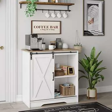 Farmhouse Coffee Bar Cabinet White Modern Kitchen Sliding Barn Door Storage Credenza Sideboard Buffet Cabinet with Storage Shelf Wood Accent Liquor Cabinet for Dining Room, White