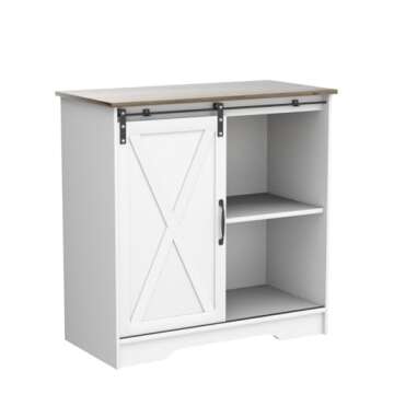 Farmhouse Coffee Bar Cabinet White Modern Kitchen Sliding Barn Door Storage Credenza Sideboard Buffet Cabinet with Storage Shelf Wood Accent Liquor Cabinet for Dining Room, White