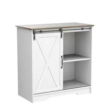 Farmhouse Coffee Bar Cabinet White Modern Kitchen Sliding Barn Door Storage Credenza Sideboard Buffet Cabinet with Storage Shelf Wood Accent Liquor Cabinet for Dining Room, White