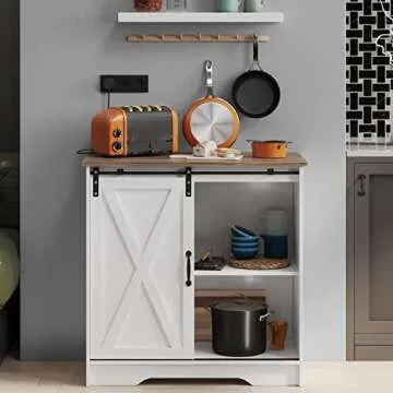 Farmhouse Coffee Bar Cabinet White Modern Kitchen Sliding Barn Door Storage Credenza Sideboard Buffet Cabinet with Storage Shelf Wood Accent Liquor Cabinet for Dining Room, White