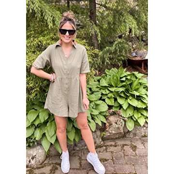 DEEP SELF Holiday One Piece V Neck Shorts Rompers and Jumpsuits for Women Casual Spring Button Down Collared Green Loungewear with Pockets