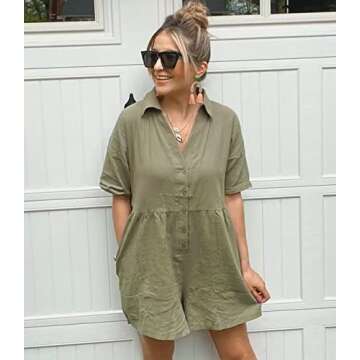 DEEP SELF Holiday One Piece V Neck Shorts Rompers and Jumpsuits for Women Casual Spring Button Down Collared Green Loungewear with Pockets