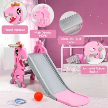 BFAZKXY Indoor Slide for Toddlers 1-3, Foldable Kids Toddler Indoor Slide Playset, Indoor and Outdoor Playground, Toddler Climber Playset with Basketball Hoop and Ring Toss(Pink)