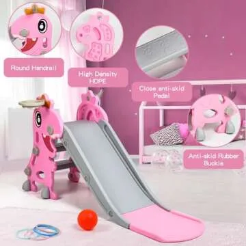 BFAZKXY Indoor Slide for Toddlers 1-3, Foldable Kids Toddler Indoor Slide Playset, Indoor and Outdoor Playground, Toddler Climber Playset with Basketball Hoop and Ring Toss(Pink)