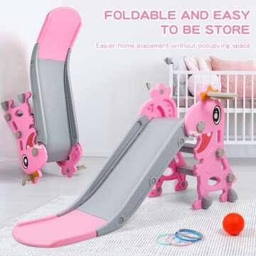 BFAZKXY Indoor Slide for Toddlers 1-3, Foldable Kids Toddler Indoor Slide Playset, Indoor and Outdoor Playground, Toddler Climber Playset with Basketball Hoop and Ring Toss(Pink)