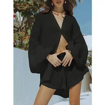 Fixmatti Women Two Piece Outfits Button up Shirt and Shorts Set Balloon Sleeve Blouse Matching Shorts Loungewear Black S