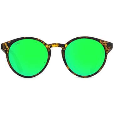 WearMe Pro Classic Small Round Retro Sunglasses, Tortoise Frame/Mirror Green Lens
