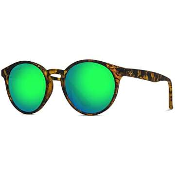 WearMe Pro Classic Small Round Retro Sunglasses, Tortoise Frame/Mirror Green Lens