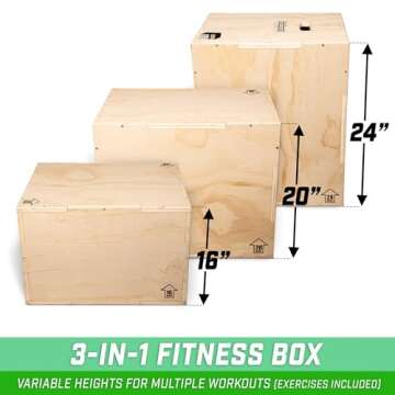 GoSports Fitness Launch Box 3-in-1 Adjustable Height Wood Plyo Jump Box for Exercises of All Skill L...