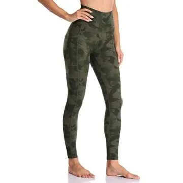Colorfulkoala Women's High Waisted Tummy Control Workout Leggings 7/8 Length Yoga Pants with Pockets (S, Army Green Splinter Camo)